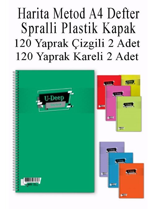 A4 Okul Defteri Spiralli Plastik Kapak 120 Yaprak Çizgili 2 Adet ve 120 Yaprak Kareli 2 Adet Spralli Harita Metod