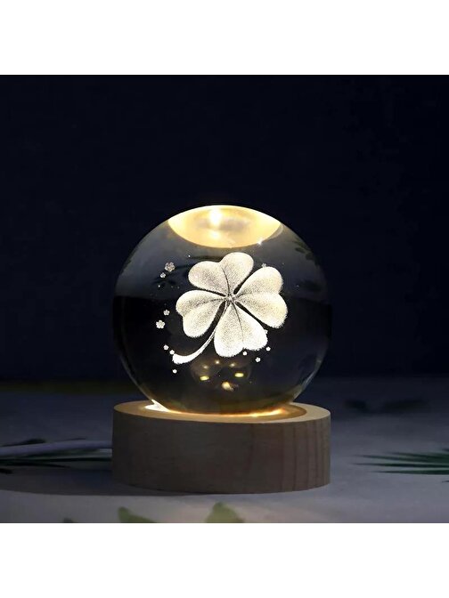 Dekoratif Yonca Tasarımlı Ahşap Altlıklı Işıklı Cam Küre Cam:6cm Ahşap:2cm