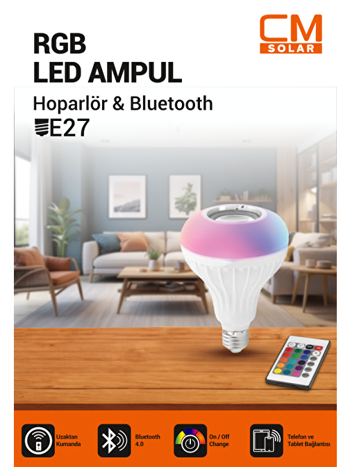 CMSOLAR Hoparlör & Bluetooth RGB Ampul Uzaktan Kumanadalı E27 Duy
