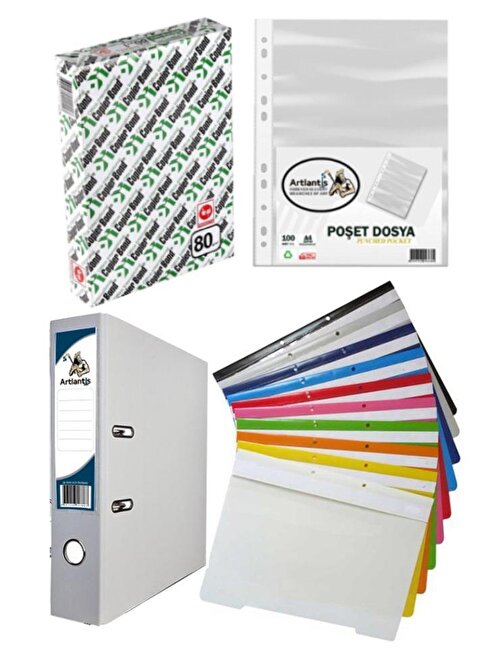 Fotokopi Kağıdı Beyaz Büro Klasörü Telli Dosya ve Poşet Dosya Seti 1 Adet Büro Klasörü 10 Renk Telli Dosya 100 Adet Poşet Dosya