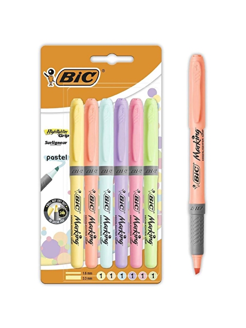 Bic Highlighter Grip Kalem Tipi Pastel Fosforlu Kalem 6 Renk Blister