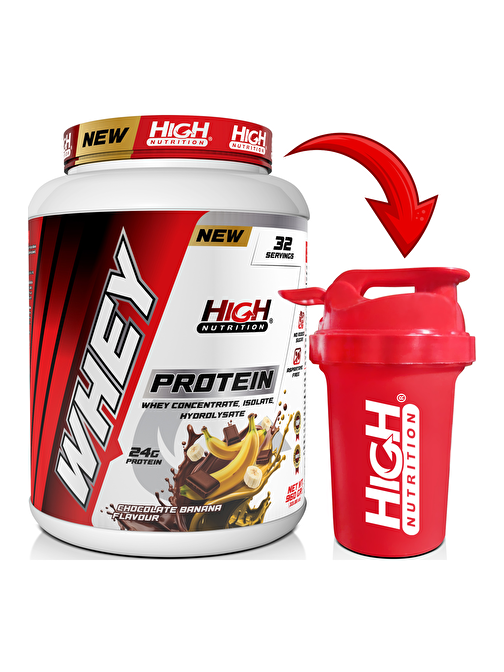 High Nutrition Whey Protein 960 gr Çikolata Muz Aromalı Protein Tozu 24 gram Protein 32 Servis Shaker Hediye 