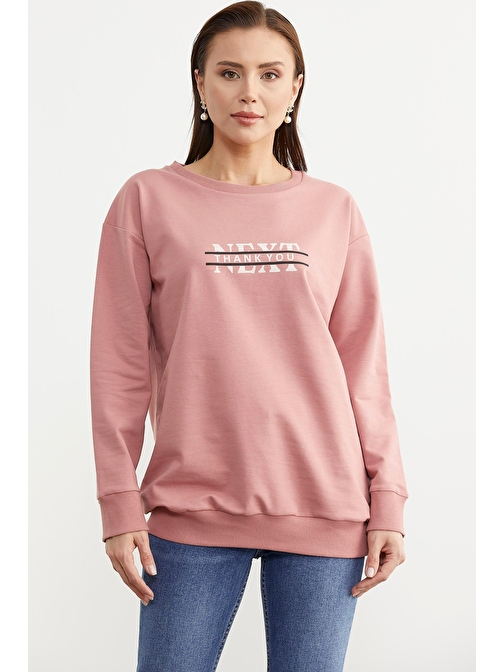 Sıfır Yaka Oversize Sweatshirt - Gül Kurusu