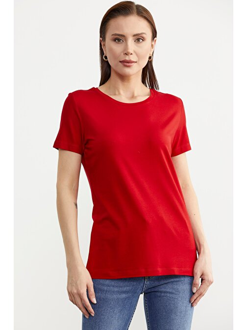 Sıfır Yaka Kısa Kol Basic Tişört - Kırmızı