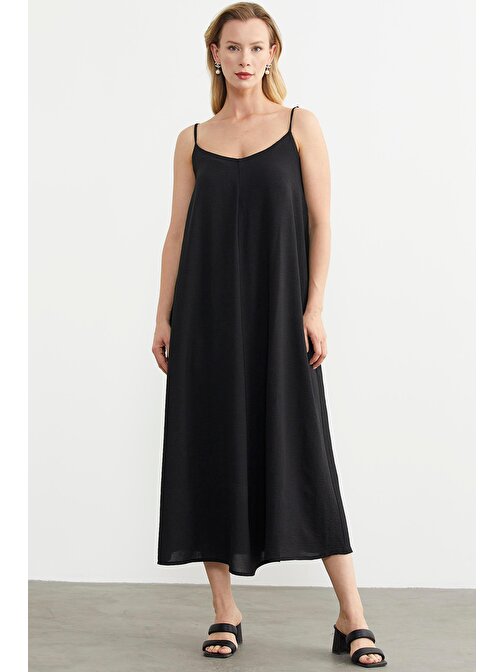 Ayarlanabilir Askılı Uzun Krep Elbise - Siyah