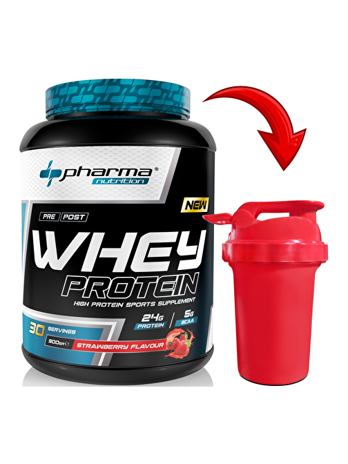 Pharma Nutrition Whey Protein 900 gr Çilek Aromalı Protein Tozu 24 gram Protein 30 Servis Shaker Hediye