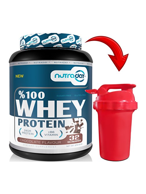Nutraday Whey Protein 976 gr Çikolata Aromalı Protein Tozu 24 gram Protein 32 Servis Shaker Hediye