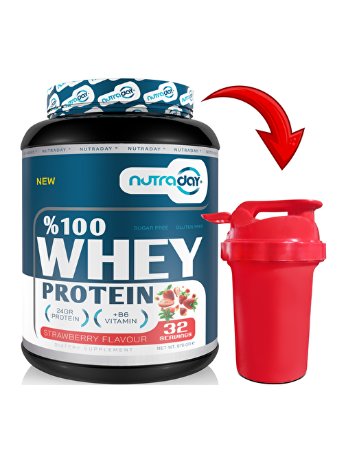 Nutraday Whey Protein 976 gr Çilek Aromalı Protein Tozu 24 gram Protein 32 Servis Shaker Hediye