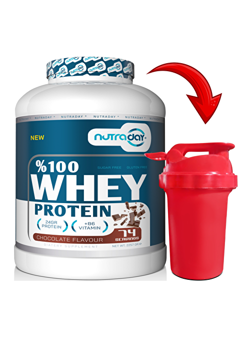 Nutraday Whey Protein 2257 gr Çikolata Aromalı Protein Tozu 24 gram Protein 74 Servis Shaker Hediye