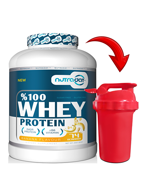 Nutraday Whey Protein 2257 gr Muz Aromalı Protein Tozu 24 gram Protein 74 Servis Shaker Hediye