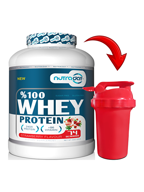 Nutraday Whey Protein 2257 gr Çilek Aromalı Protein Tozu 24 gram Protein 74 Servis Shaker Hediye