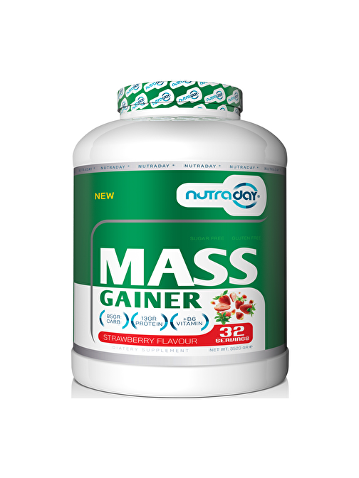 Nutraday Mass Gainer 3520 Gr Çilek Aromalı Kilo Almaya Yardımcı Hacim Kütle Kas Karbonhidrat Tozu