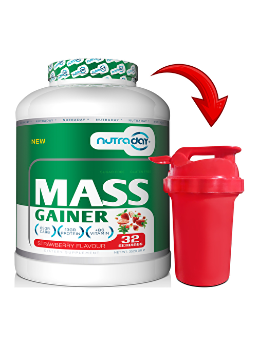 Nutraday Mass Gainer 3520 Gr Çilek Aromalı Kilo Almaya Yardımcı Hacim Kütle Kas Karbonhidrat Tozu Shaker Hediyeli