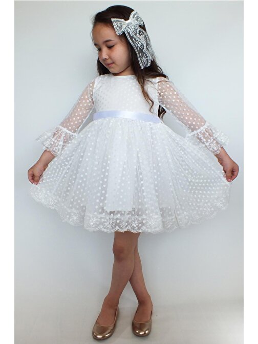Beyaz Nokta Puanteli Dantelli Kız Çocuk Elbise - Kız Çocuk Abiye Kıyafet