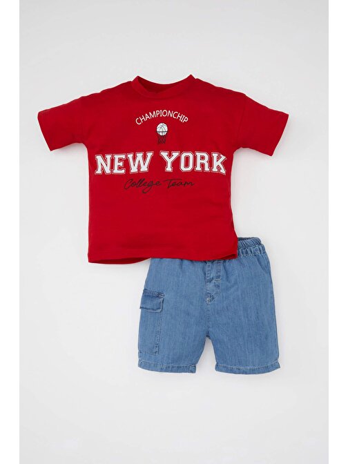 Erkek Bebek Baskılı Kısa Kollu Tişört Jean Şort 2li Takım C6216A524SM