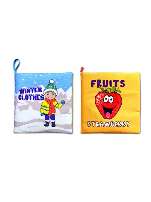2 Kitap Tox İngilizce Kışlık Giysiler ve Meyveler Kumaş Sessiz Kitap E124 E126 - Bez Kitap , Eğitici Oyuncak , Yumuşak ve Hışırtılı