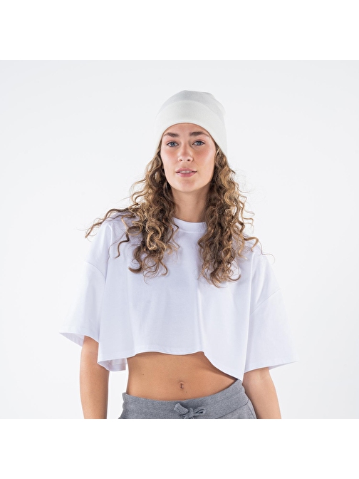 Soft Crop Kadın Beyaz %100 Pamuk Bisiklet Yaka Ekstra Oversize Tişört  | S