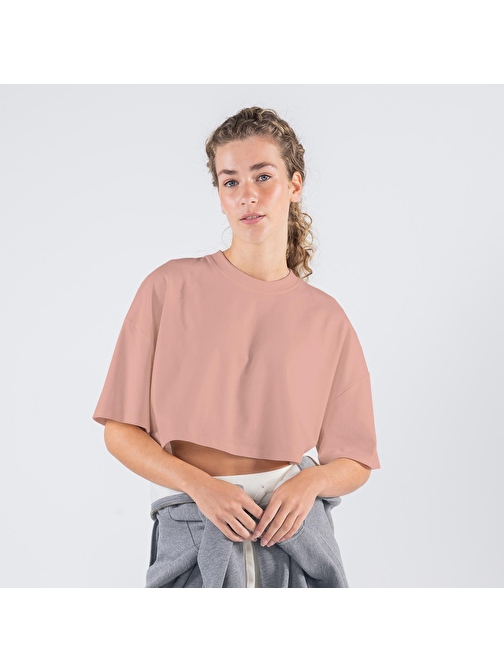 Soft Crop Kadın Pudra %100 Pamuk Bisiklet Yaka Ekstra Oversize Tişört  | M