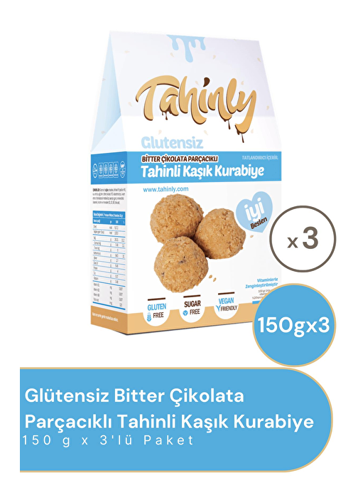 Tahinly Glütensiz Bitter Çikolata Parçacıklı Tahinli Kaşık Kurabiye 150 g 3'lü Paket