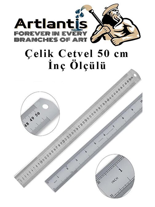 Çelik Cetvel 50 cm İnç Ölçülü 1 Adet Paslanmaz Çelik Metal Çetvel 50 Santimetre