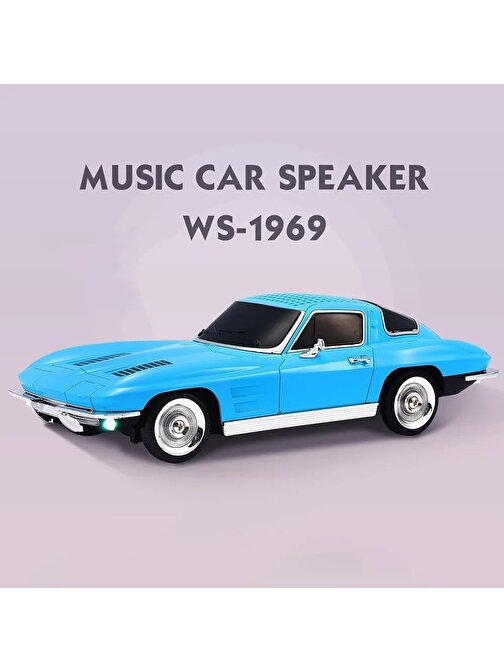 Coverzone Kablosuz Hoparlör Bluetooth Retro Ride 1963 Chevrolet Corvette Klasik Araba Görünümlü Hoparlör ve FM Radyo USB SD AUX Girişli WS-1969 (Mavi)