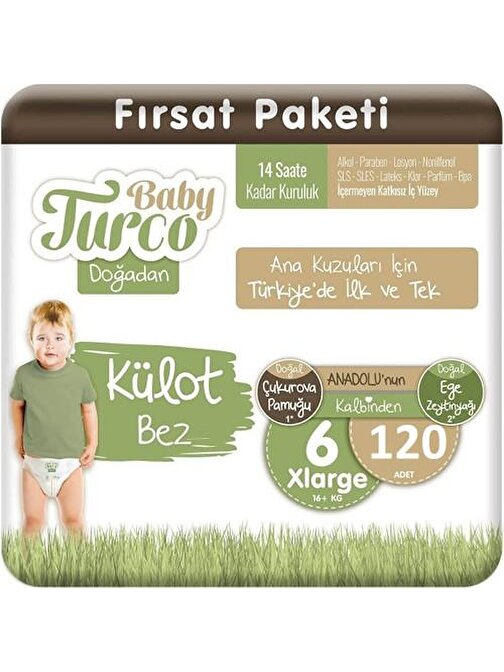 Baby Turco Doğadan Külot Bez 6 Numara Xlarge 120 Adet 16+Kg