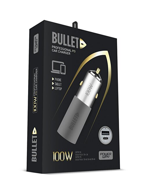 Powerway Bullet 100W Araç Çakmaklık Şarj Cihazı Type-C ve Usb Çıkışlı Profesyonel Turbo Hızlı Şarj