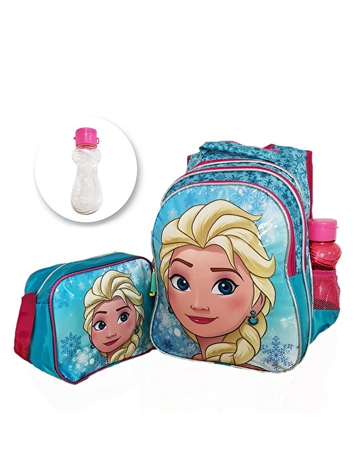 Mavi Frozen Elsa Sırt Çantası + Beslenme + Suluk - Elsa İlkokul Çantası Karlar Ülkesi Okul Çantası