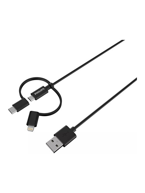 Philips MFI Apple Lisanslı İphone 6s 3in1 Micro Usb-Lightining-Type-C Hızlı Şarj ve Data Kablosu 2m Siyah