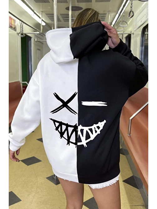 Unisex Cartoon Face Siyah Beyaz Hoodie