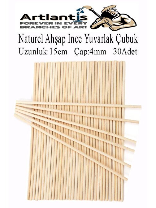 Naturel İnce Ahşap Yuvarlak Çubuk 15 cm 30 lu 1 Paket Okul Öncesi Sınıf Tasarım Etkinlik Hobi