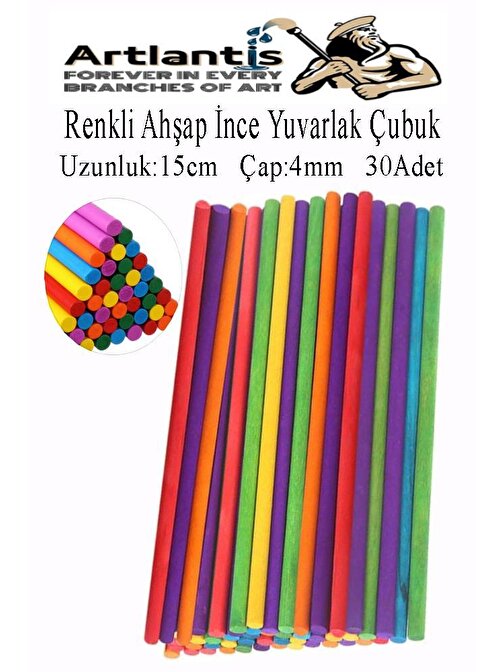 Renkli İnce Ahşap Yuvarlak Çubuk 15 cm 30 lu 1 Paket Okul Öncesi Sınıf Tasarım Etkinlik Hobi