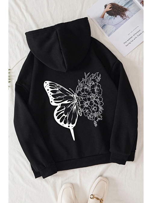 Unisex Drawing Butterflies Sırt Baskılı Sweatshirt