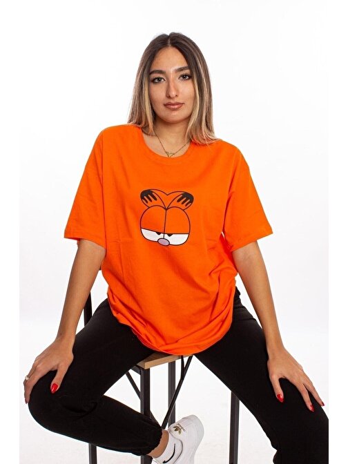 Garfield Baskılı Turuncu Oversize Unisex Tshirt