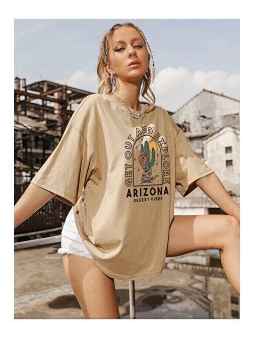 Kadın Vizon Arizona Baskılı Oversize Penye T-shirt Tişört