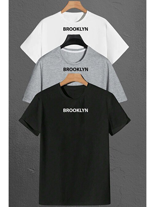 Brooklyn Baskılı Unisex Oversize 3'lü T-shirt Paketi