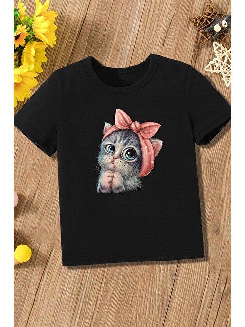 Çocuk Minnoş Kedi Baskılı Pamuklu Tshirt