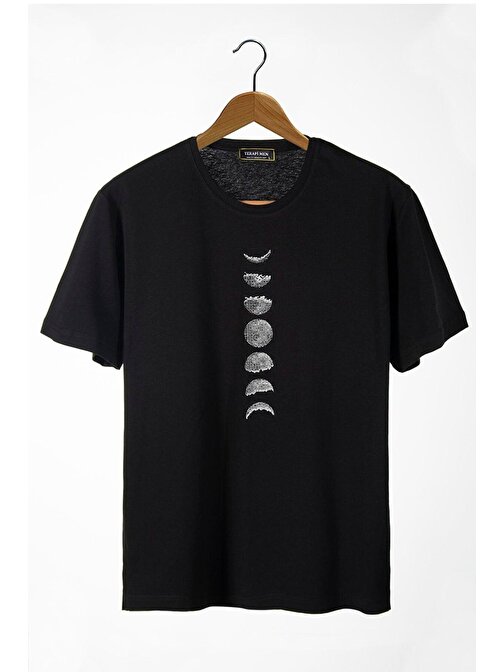 Unisex Siyah Kara Önü Ay'ın Evreleri Baskılı Bisiklet Yaka Oversize Kalıp Basic Pamuklu T-shirt