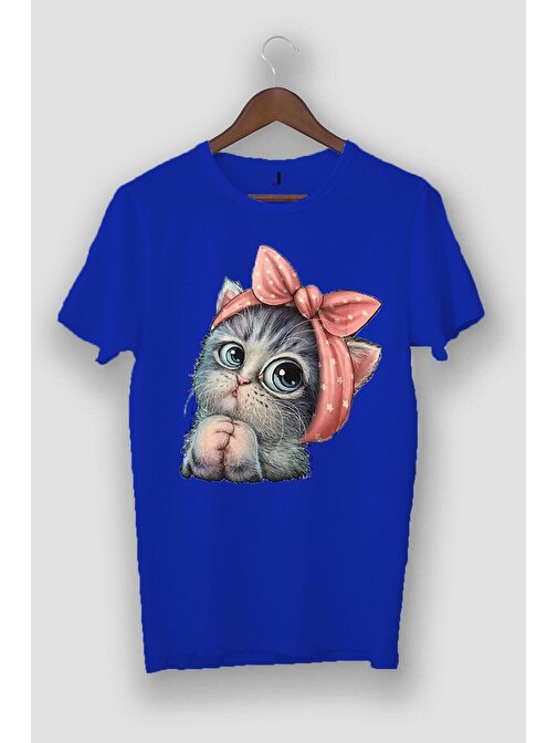 Griland Oversize Unisex Saks Rengi Sevimli Minik Kedi Baskılı T-shirt