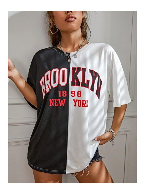 Ark Moda Siyah Beyaz Kadın Brooklyn Oversize Tshirt