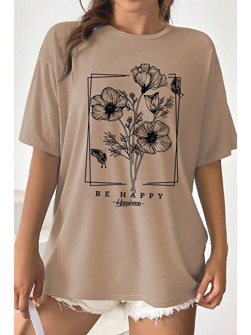 Unisex Be Happy Baskılı Oversize Tshirt