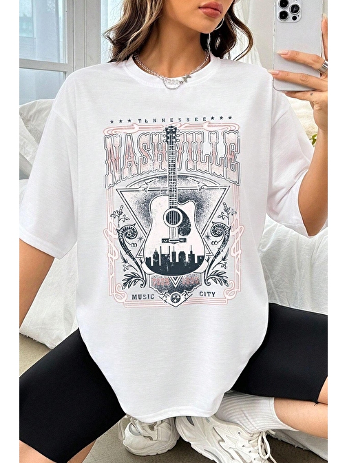 Unisex Music City Baskılı Oversize Tshirt