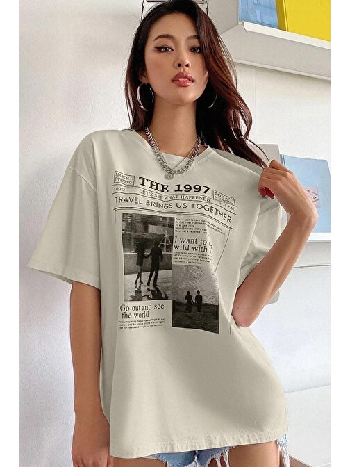 Kadın Bej The 1997 Baskılı Oversize T-shirt