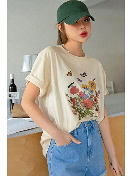 Unisex Flowers Baskılı Oversize Tshirt