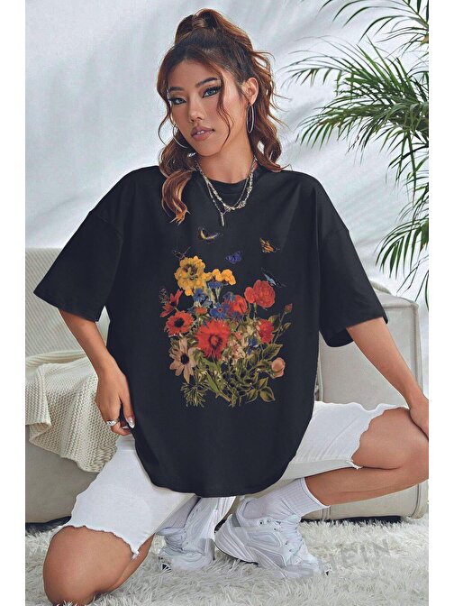 Unisex Flowers Baskılı Oversize Tshirt