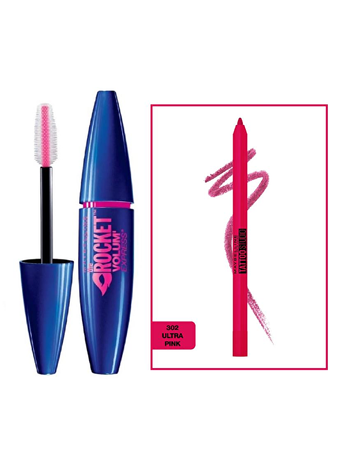Maybelline New York Maskara Rocket Mascara Siyah & Tattoo Liner Jel Göz Kalemi Ultra Pink 2'li SET