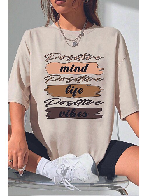 Unisex Mind Life Vibes Baskılı Oversize Tshirt