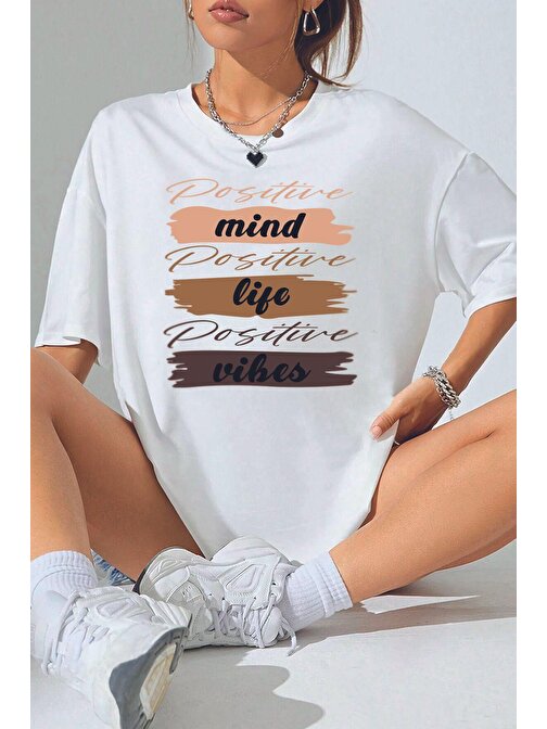 Unisex Mind Life Vibes Baskılı Oversize Tshirt