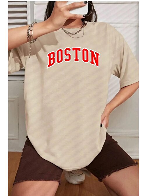 Unisex Boston Baskılı T-shirt