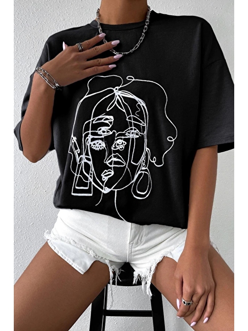 Unisex Woman One Line Baskılı Tshirt